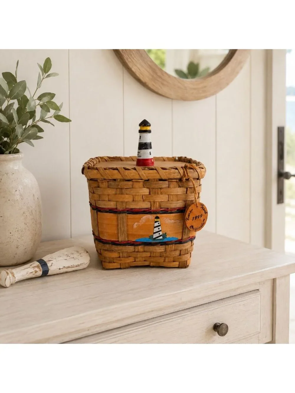 Vintage Karen Traub Originals Wicker Lighthouse Basket Coastal Nautical Folk Art